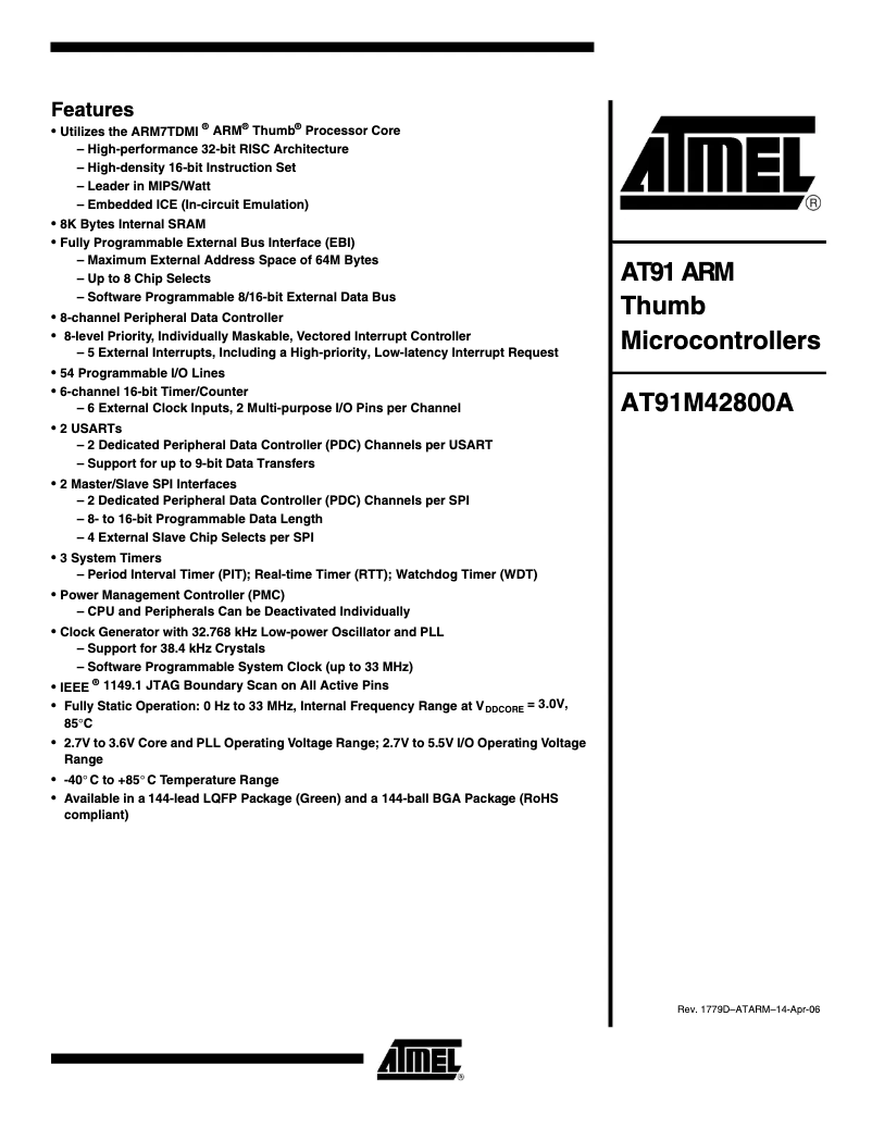 Page 1 de la notice Fiche technique Microchip AT91M42800A