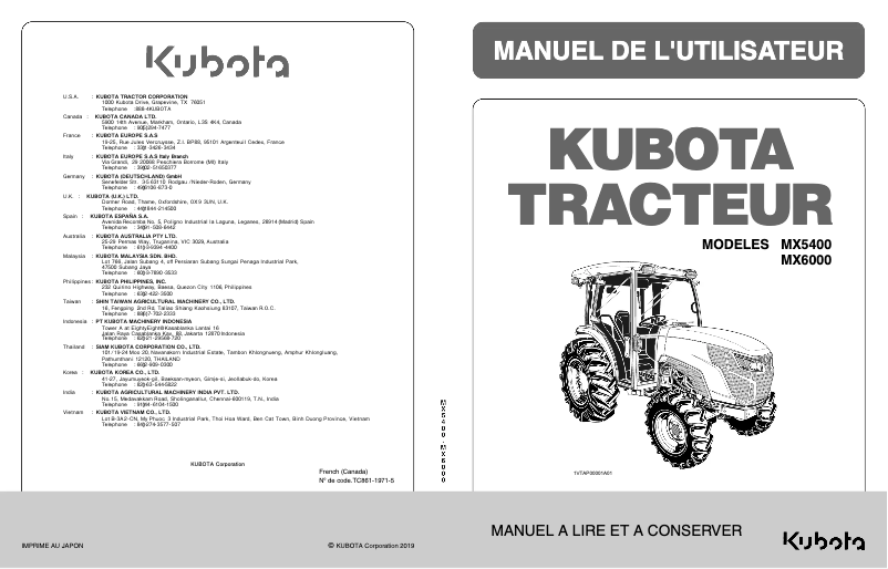Page 1 de la notice Manuel utilisateur Kubota MX5400