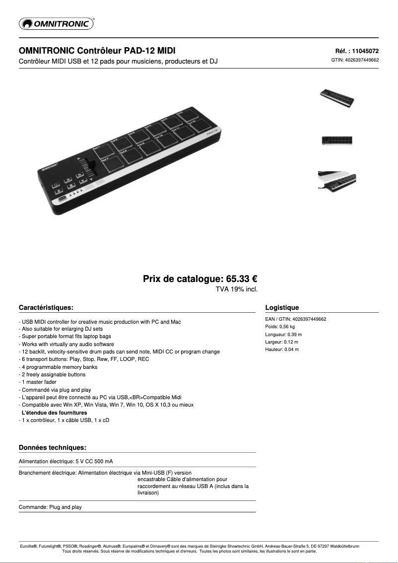 Page n°1 - Fiche technique Omnitronic PAD-12