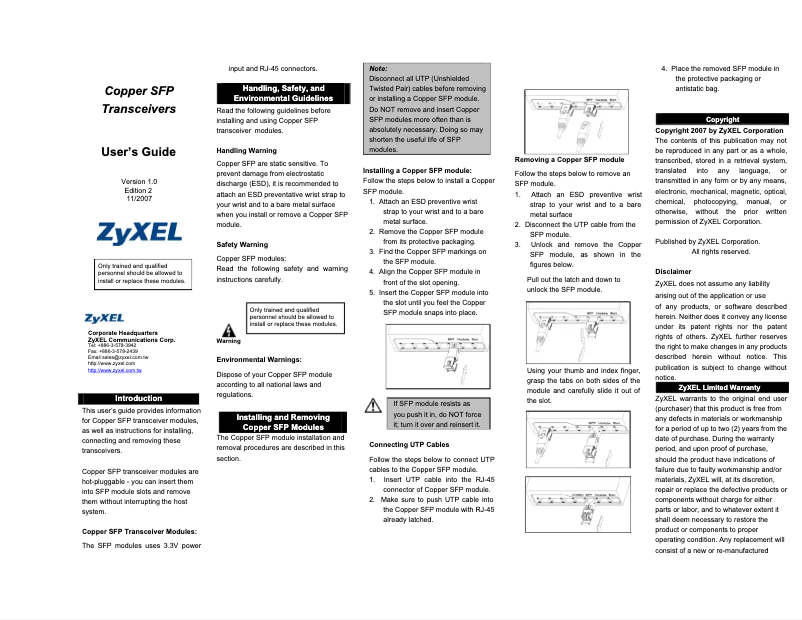Page n°1 - Manuel utilisateur ZyXEL SFP-100TX