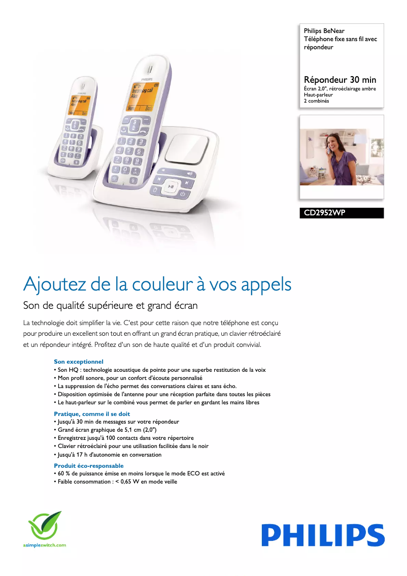 Page 1 of the manual Technical Sheet Philips BeNear CD2952WP