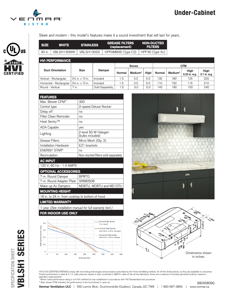 Page 1 de la notice Fiche technique Venmar Bistro VBLSH130WW
