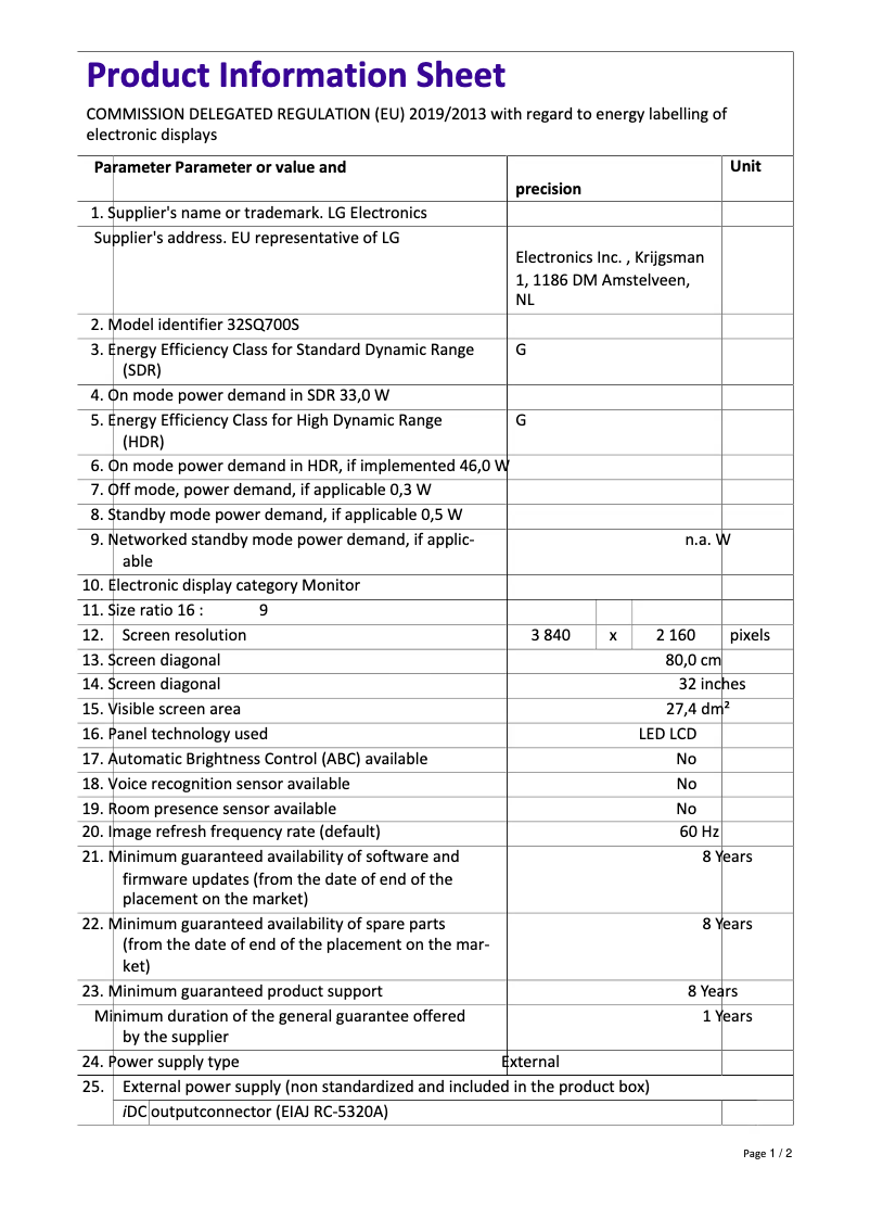 Page 1 de la notice Manuel utilisateur LG 32SQ700S