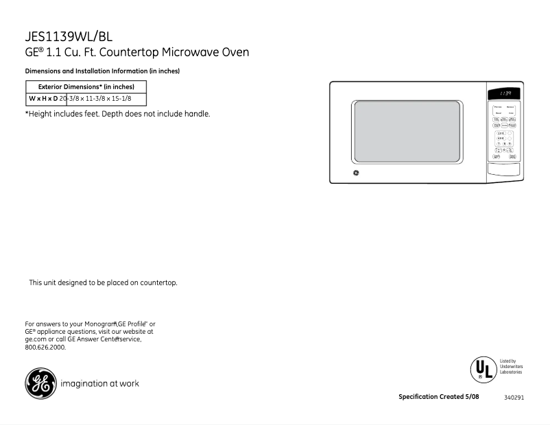 Page 1 of the manual Technical Sheet GE JES1139WL