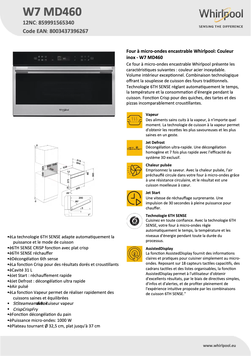Página 1 del manual Ficha técnica Whirlpool W7 MD460