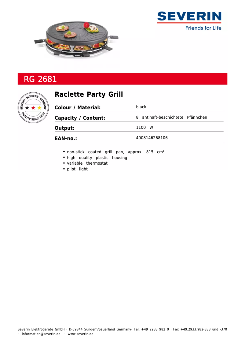 Page 1 de la notice Fiche technique Severin RG 2681