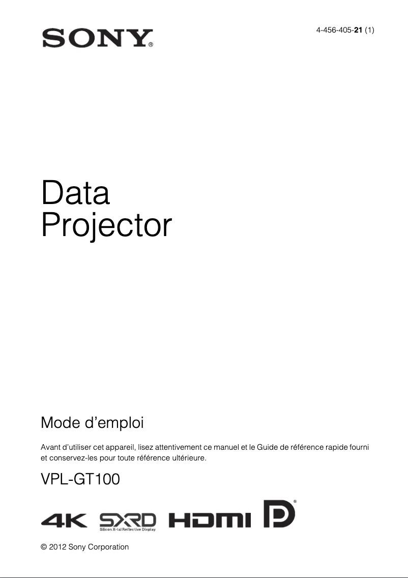 Page 1 de la notice Manuel utilisateur Sony VPL-GT100