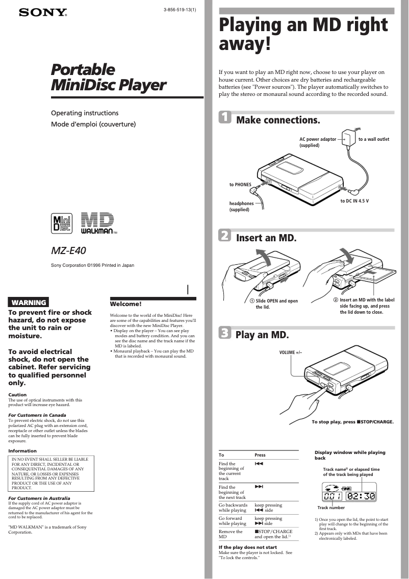 Page n°1 - Manuel utilisateur Sony MZ-E40