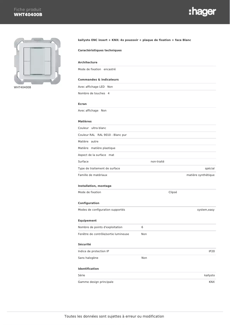 Page 1 de la notice Fiche technique Hager WHT40400B