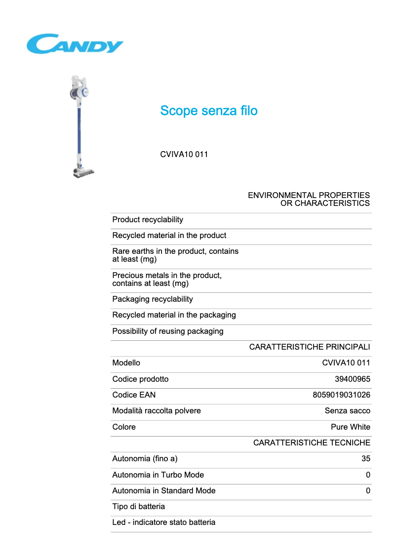 Page 1 de la notice Fiche technique Candy CVIVA10 011
