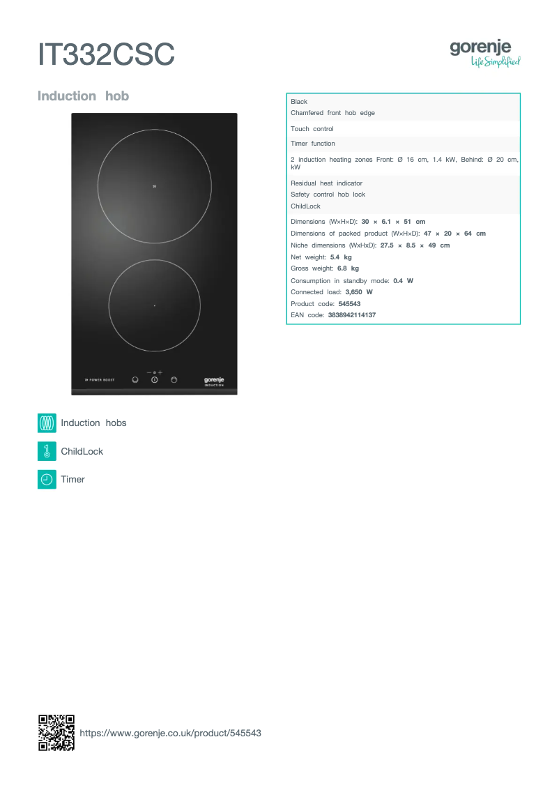 Page n°1 - Fiche technique Gorenje IT332CSC