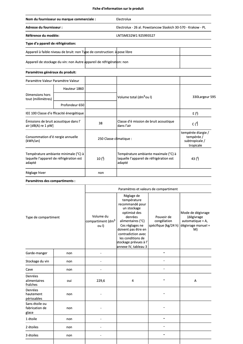 Page 1 de la notice Fiche technique Electrolux LNT5ME32W1