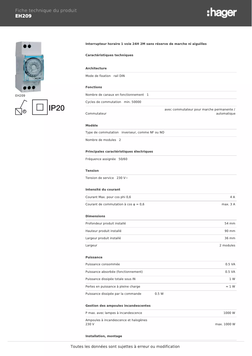Page 1 de la notice Fiche technique Hager EH209