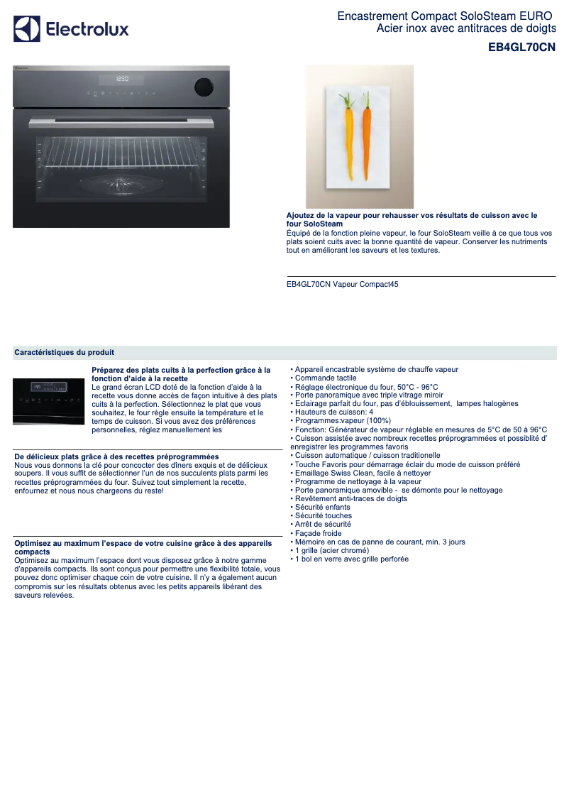 Page 1 de la notice Fiche technique Electrolux EB4GL70CN