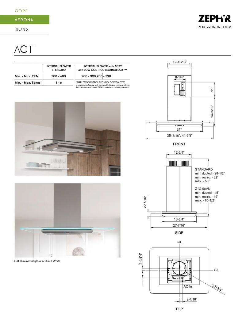 Page 1 de la notice Fiche technique Zephyr Verona ZVN-E42BG
