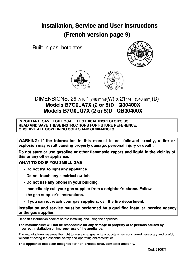Page 1 de la notice Manuel utilisateur Bertazzoni QB30M400XLP