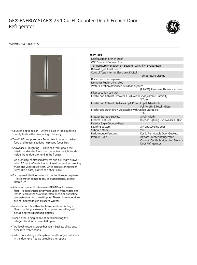 Page 1 de la notice Fiche technique GE GWE23GMNES