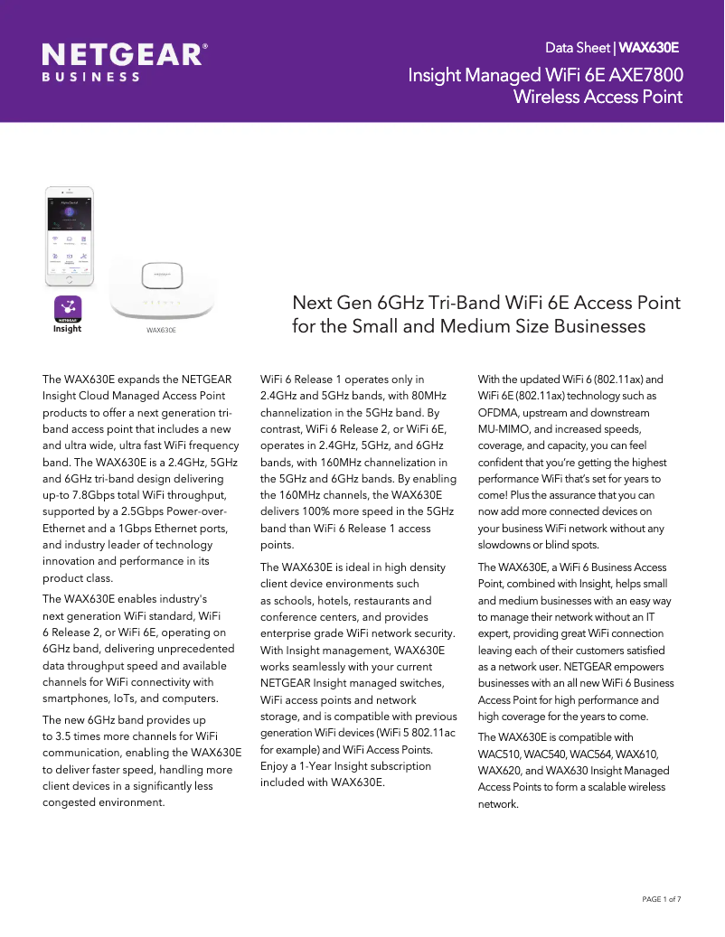 Page 1 de la notice Fiche technique Netgear WAX630EP