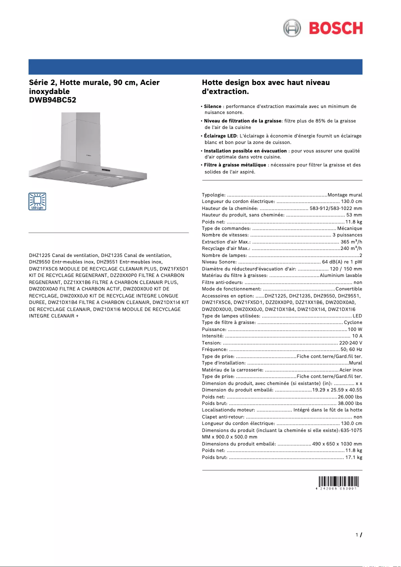 Page 1 de la notice Fiche technique Bosch DWB94BC52