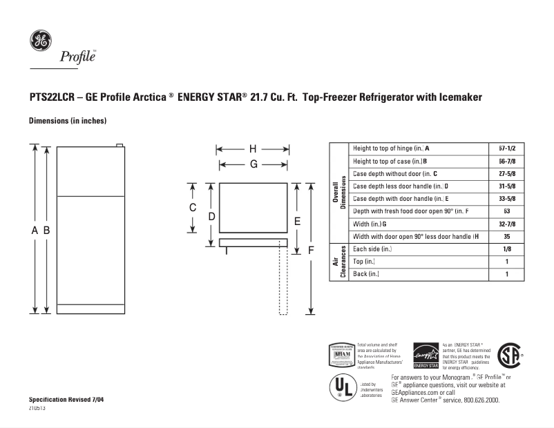 Page 1 de la notice Fiche technique GE Profile PTS22LCRBB