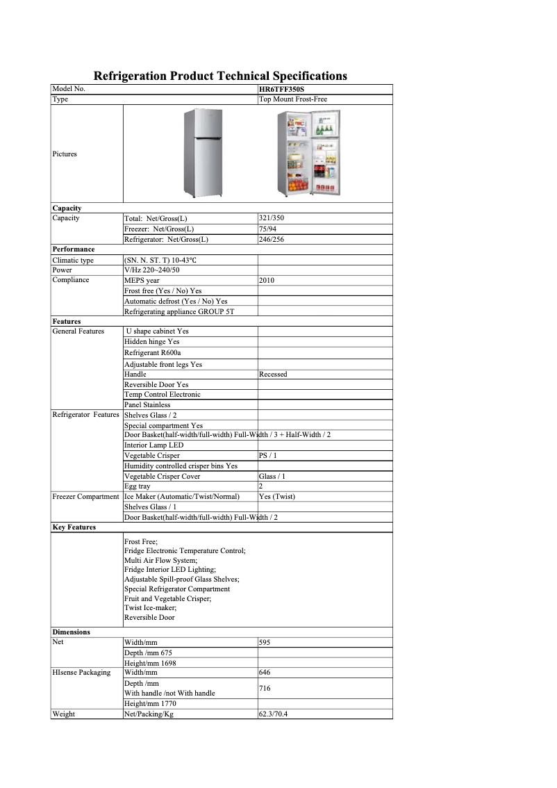 Page 1 de la notice Fiche technique Hisense HR6TFF350S