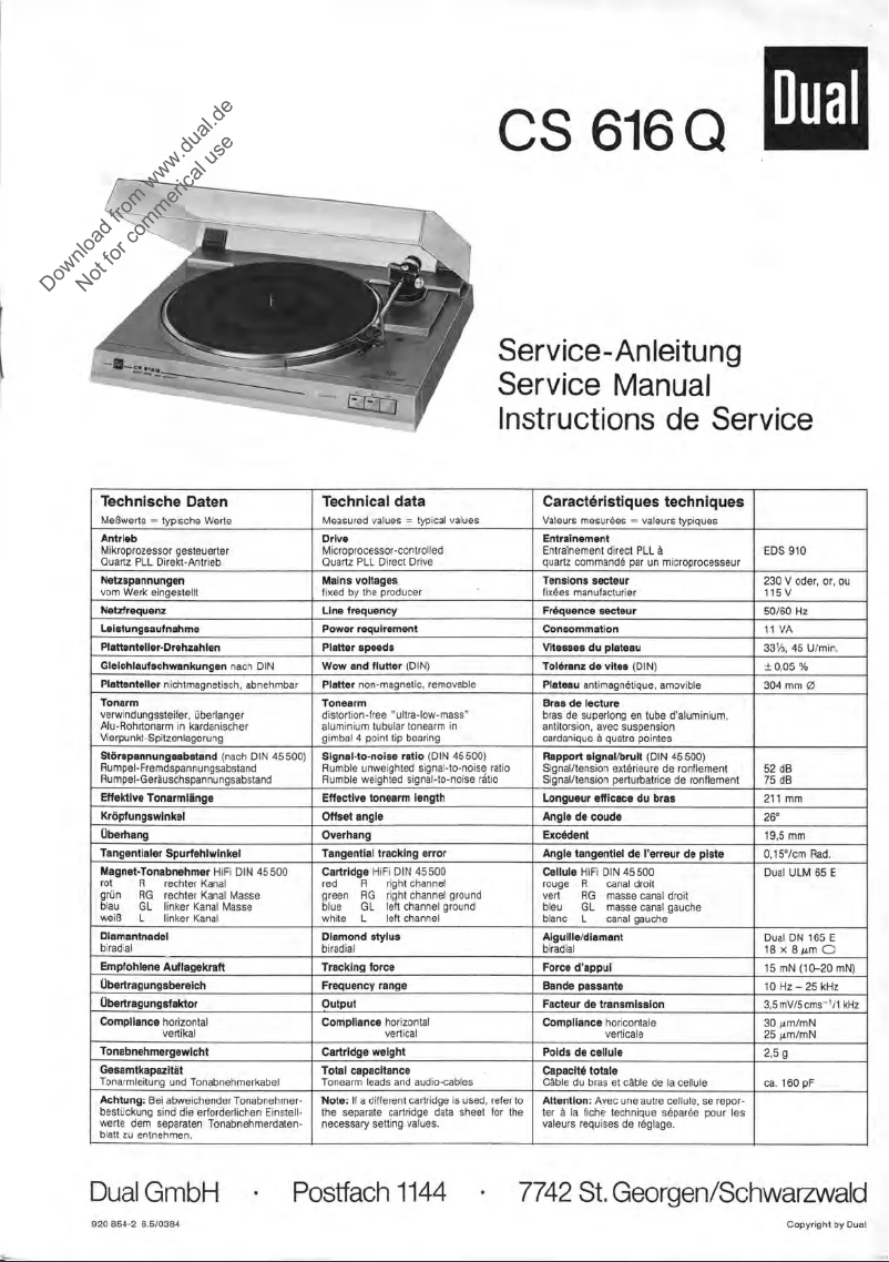 Page 1 de la notice Manuel utilisateur Dual CS 616 Q