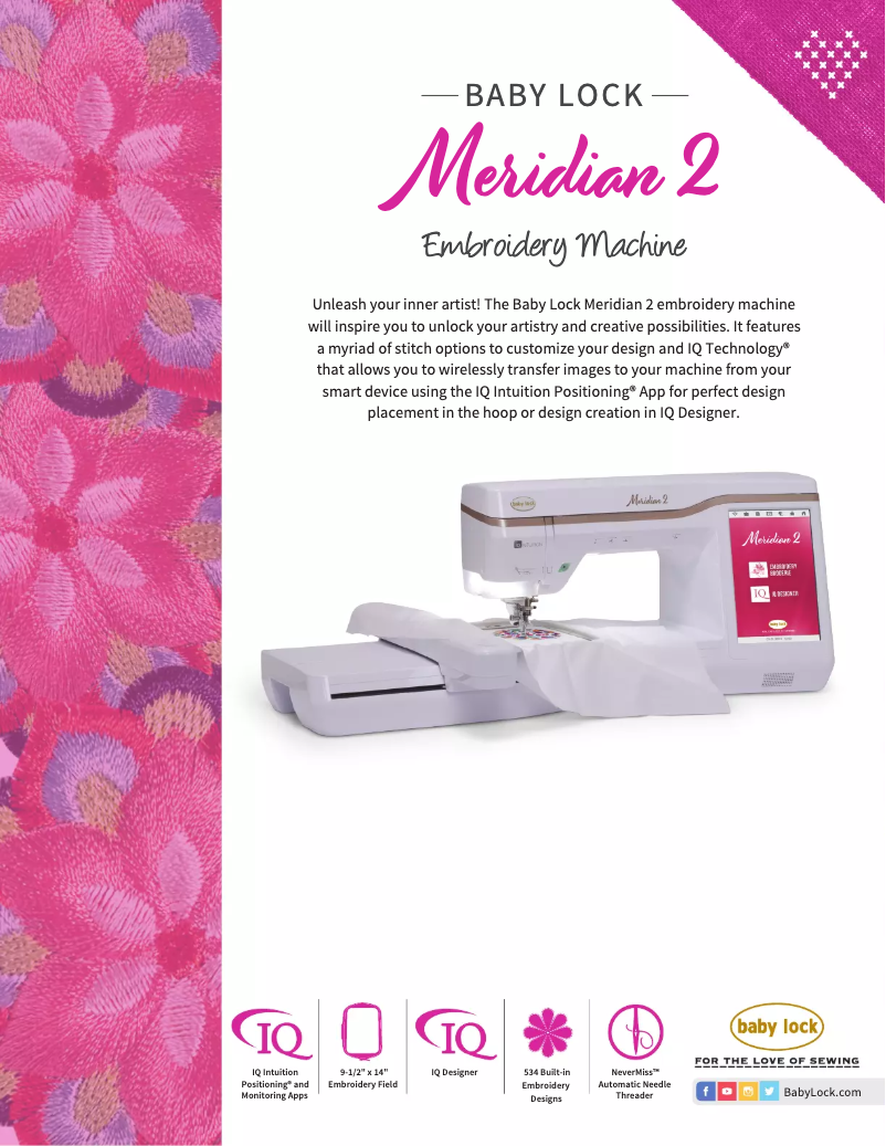 Page 1 de la notice Fiche technique Baby Lock Meridian 2 BLMA2