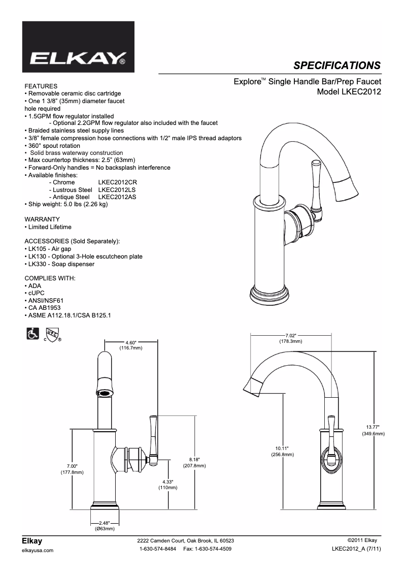 Página 1 del manual Ficha técnica Elkay LKEC2012LS
