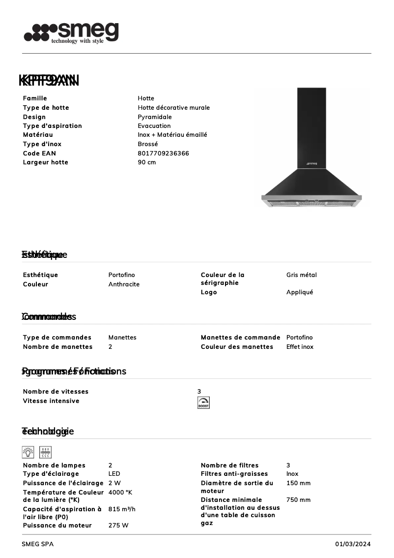 Page 1 de la notice Fiche technique Smeg KPF9