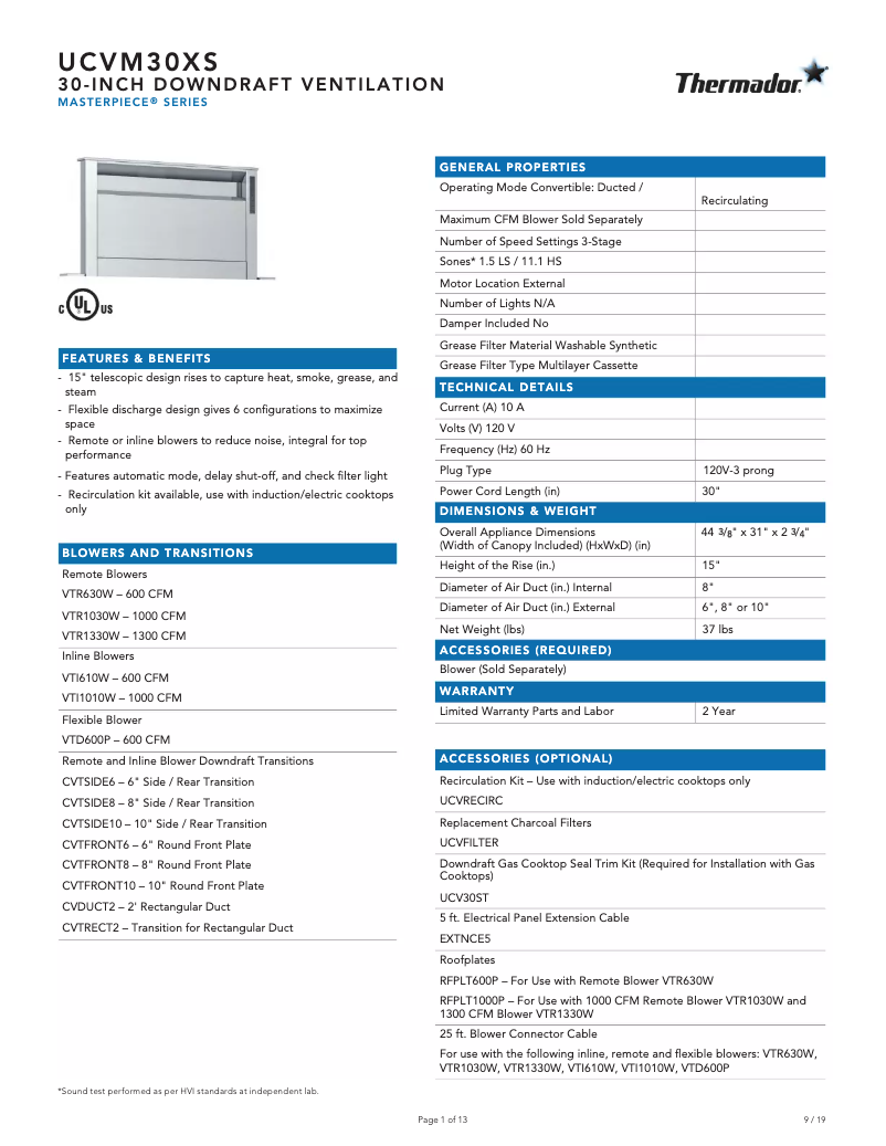 Page 1 de la notice Fiche technique Thermador UCVM30XS