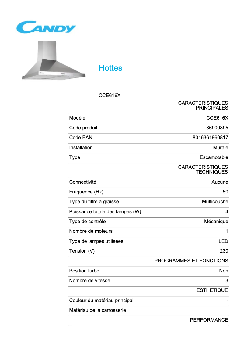 Page 1 de la notice Fiche technique Candy CCE616X