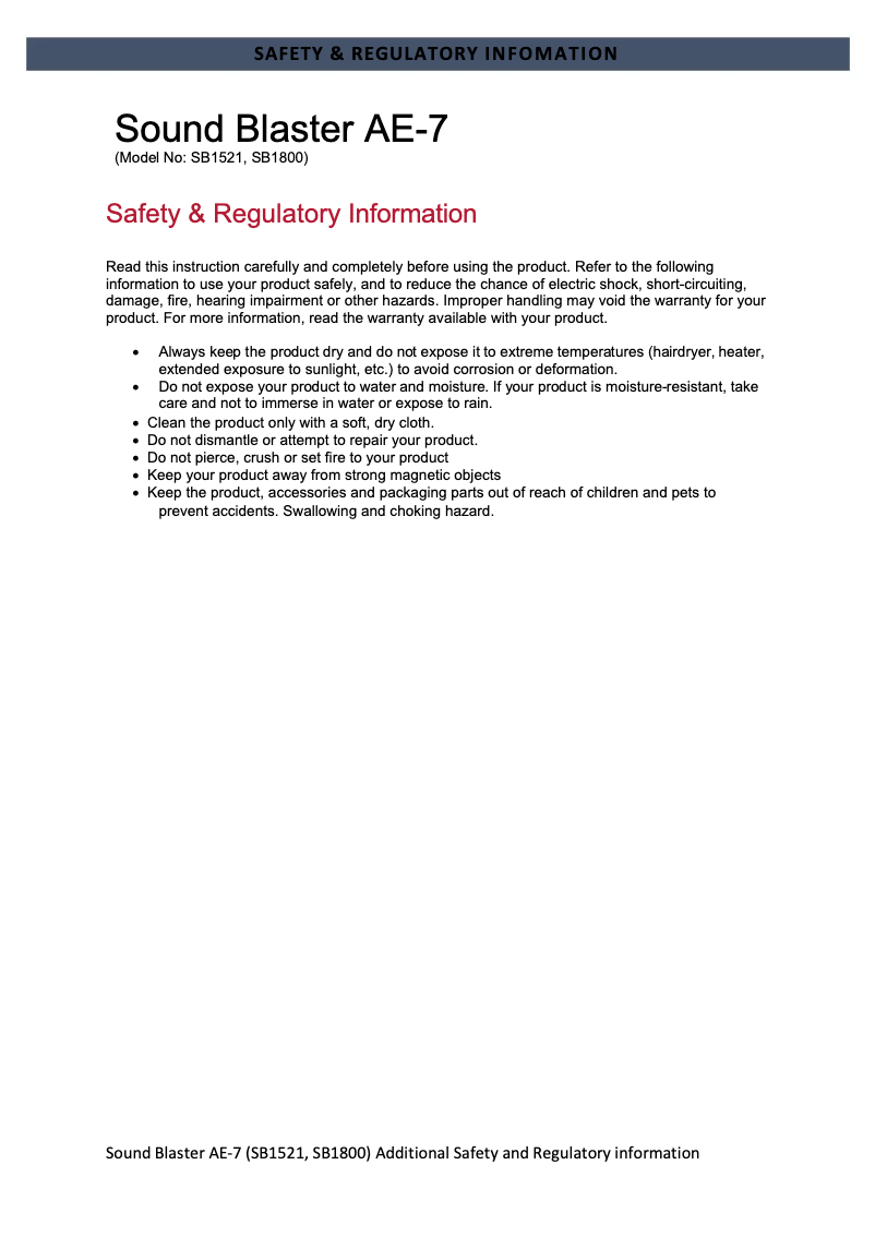 Page 1 de la notice Instructions de sécurité Creative Sound Blaster AE-7