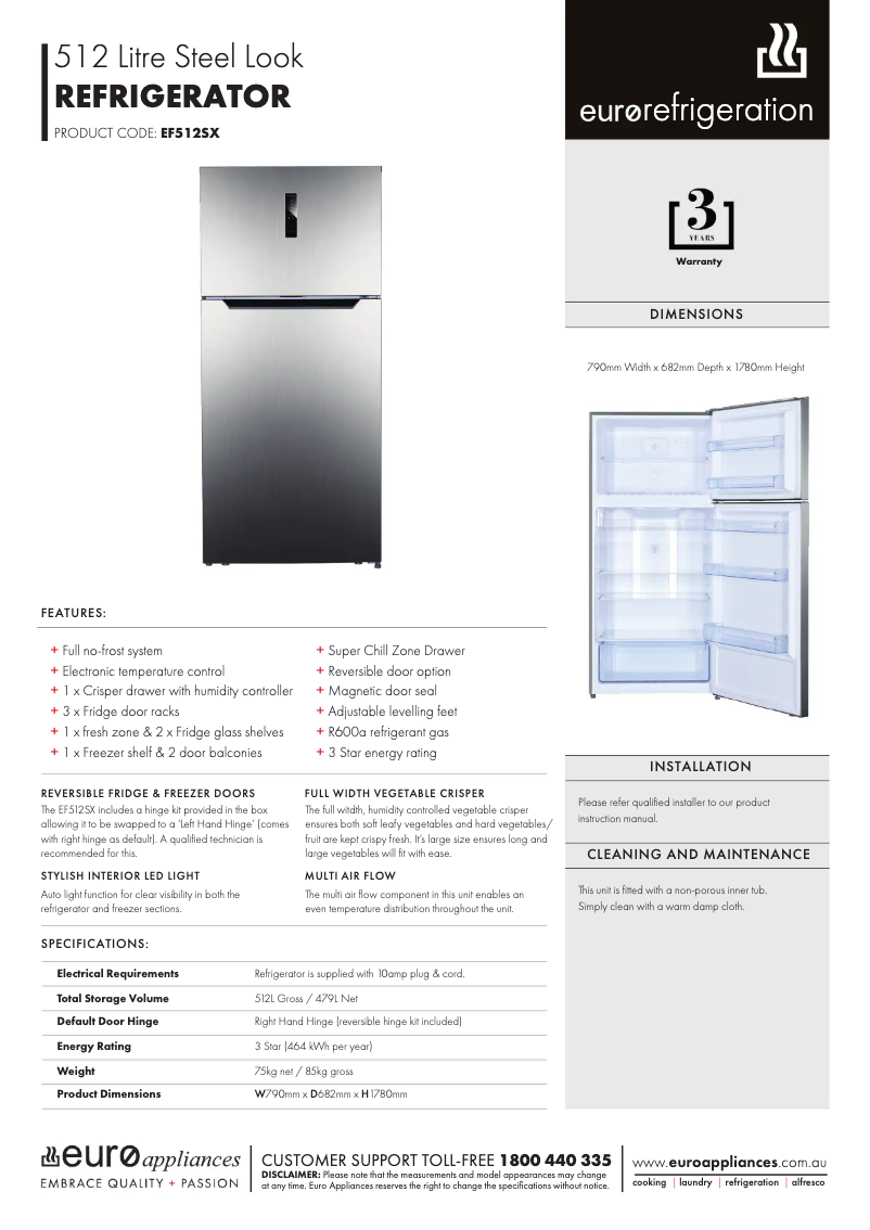 Página 1 del manual Ficha técnica Euro Appliances EF512SX