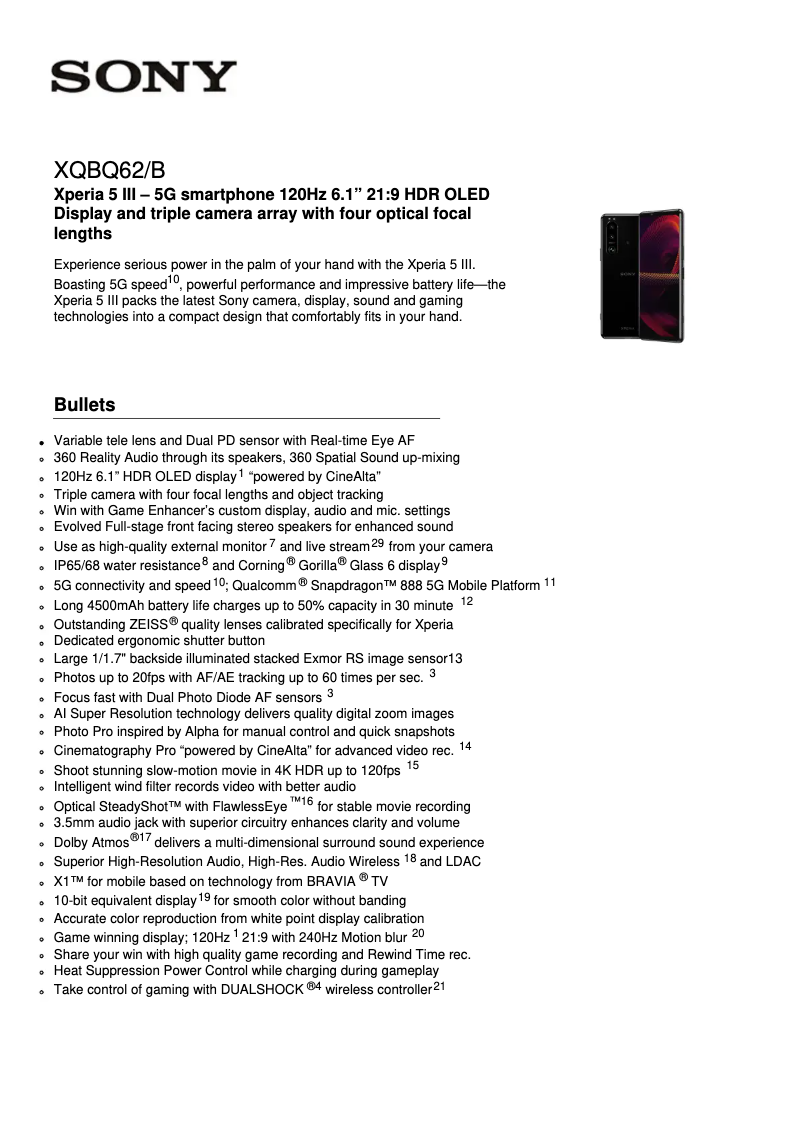 Page n°1 - Fiche technique Sony Xperia 5 III