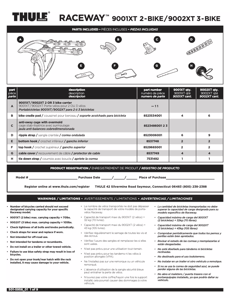 Page 1 de la notice Manuel utilisateur Thule Raceway 9001XT