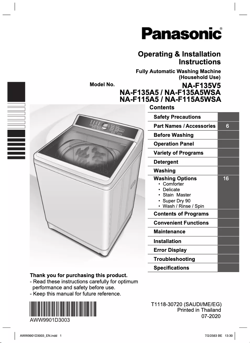 Page n°1 - Manuel utilisateur Panasonic NA-F135A5