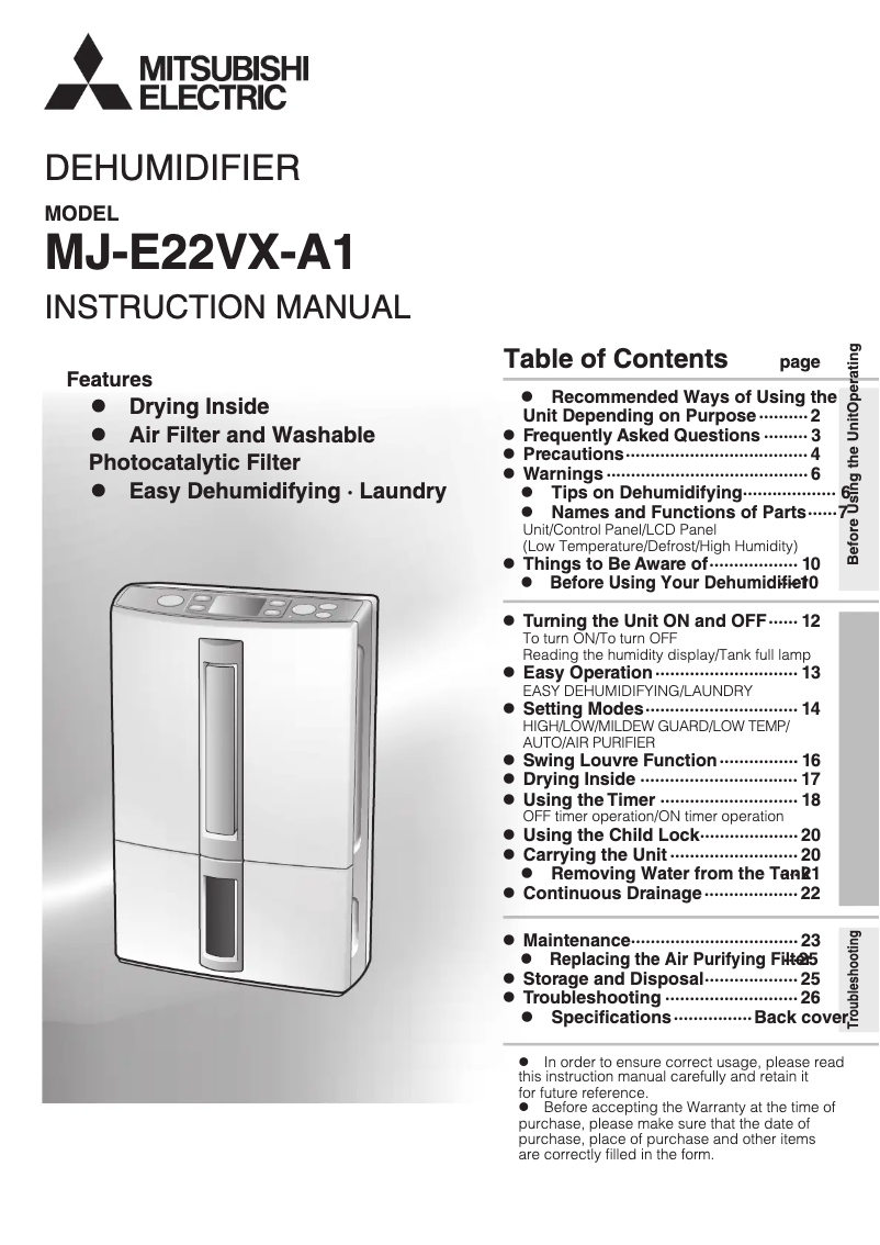 Image de la première page du manuel de l'appareil MJ-E22VX-A1