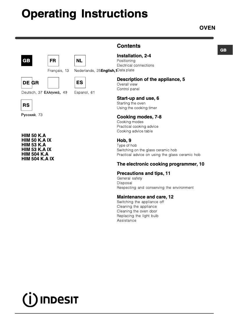 Page 1 de la notice Manuel utilisateur Indesit HIM 504 K.A IX