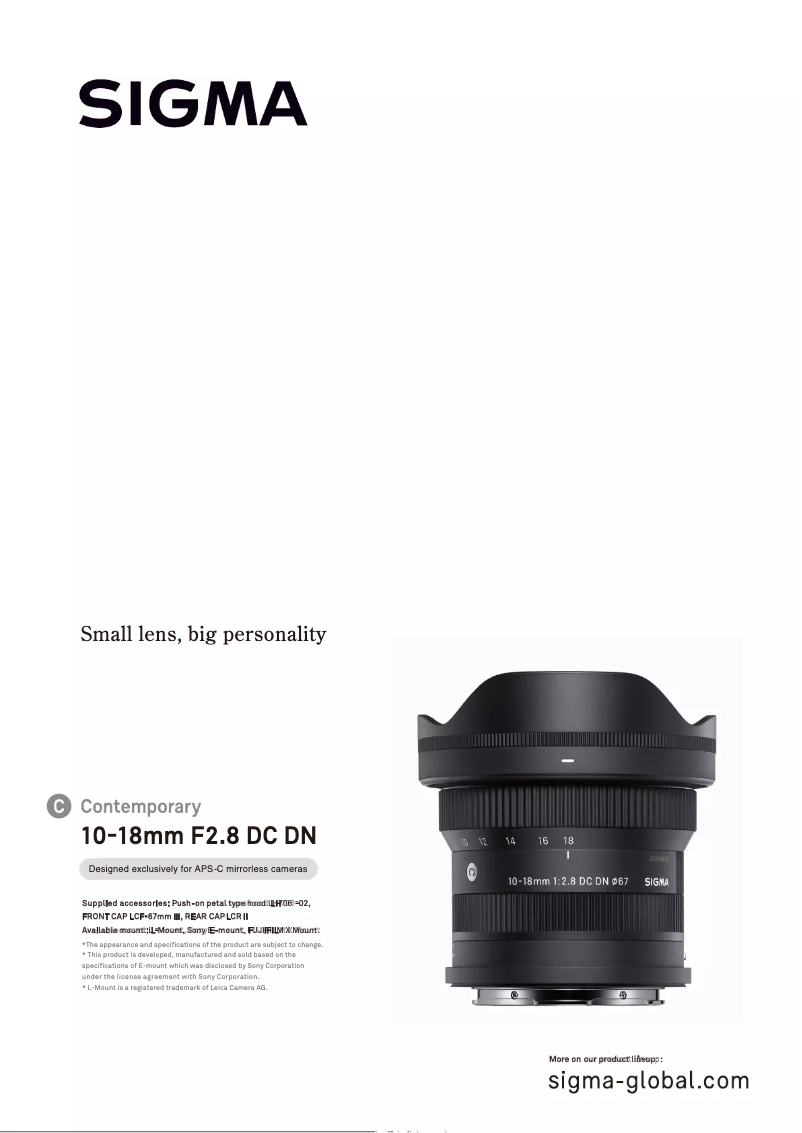 Page 1 de la notice Brochure Sigma 10-18mm F2.8 DC DN