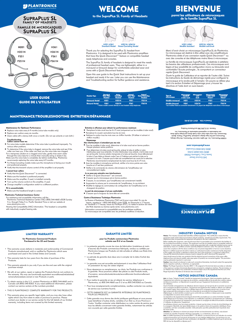 Page 1 de la notice Manuel utilisateur Plantronics H251N