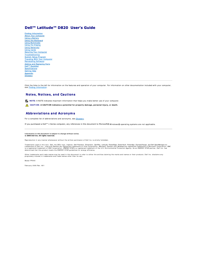 Page 1 de la notice Manuel utilisateur Dell Latitude D820