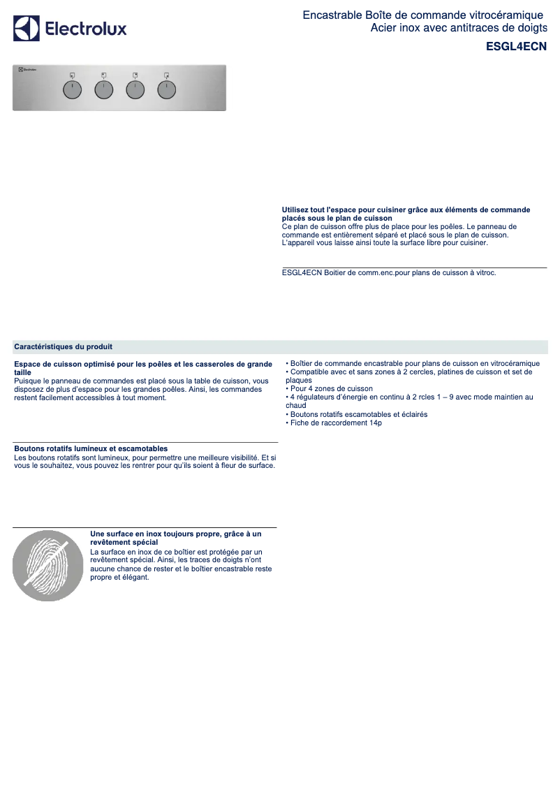 Page 1 de la notice Fiche technique AEG ESGL4ECN