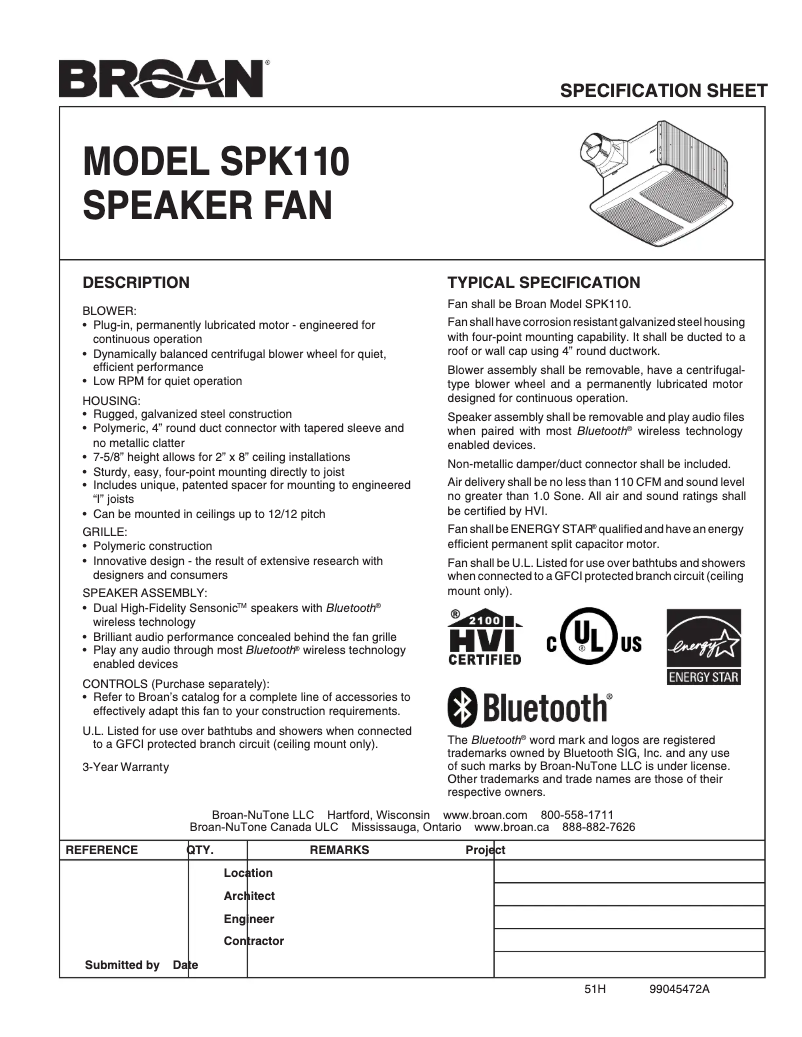 Page 1 de la notice Fiche technique Broan SPK110