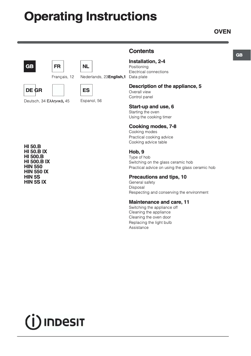 Page 1 de la notice Manuel utilisateur Indesit HI 50.B IX