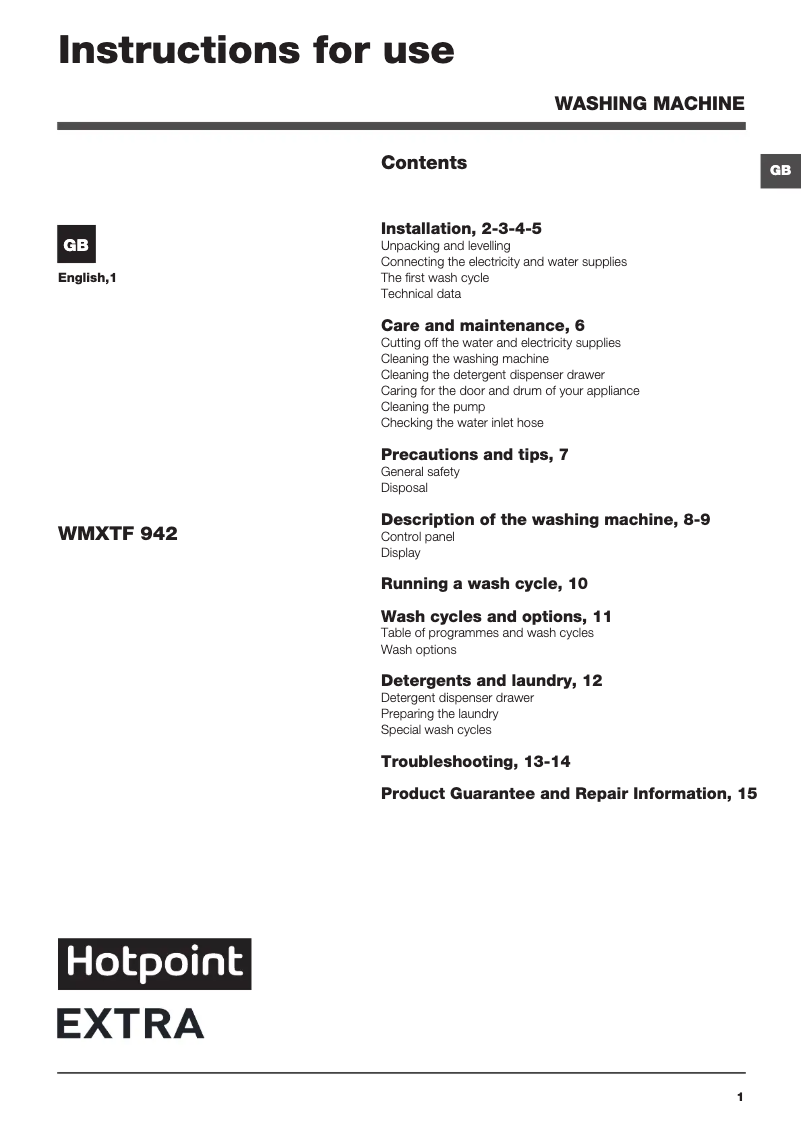 Page 1 de la notice Manuel utilisateur Hotpoint WMXTF 942P UK.R