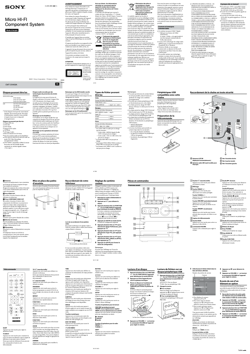 Page 1 de la notice Manuel utilisateur Sony CMT-DX400A