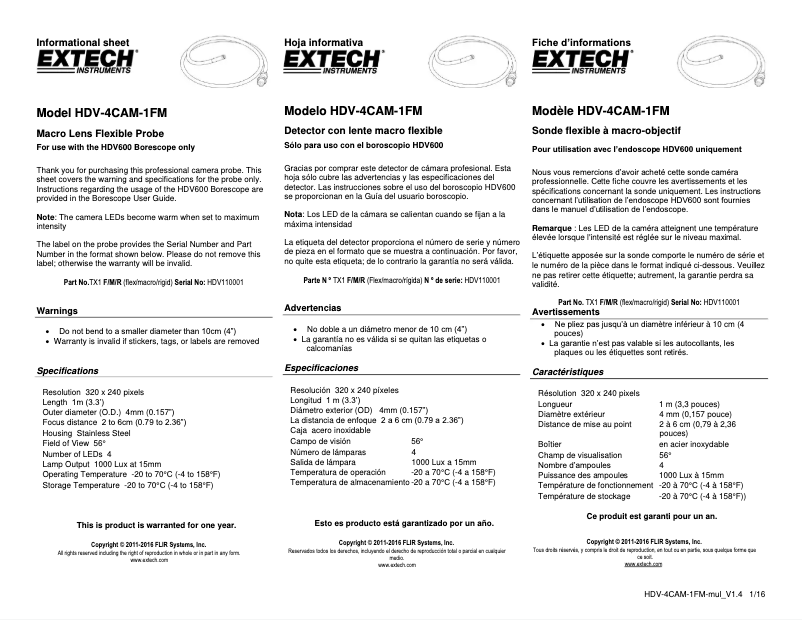 Page 1 de la notice Manuel utilisateur Extech HDV-4CAM-1FM
