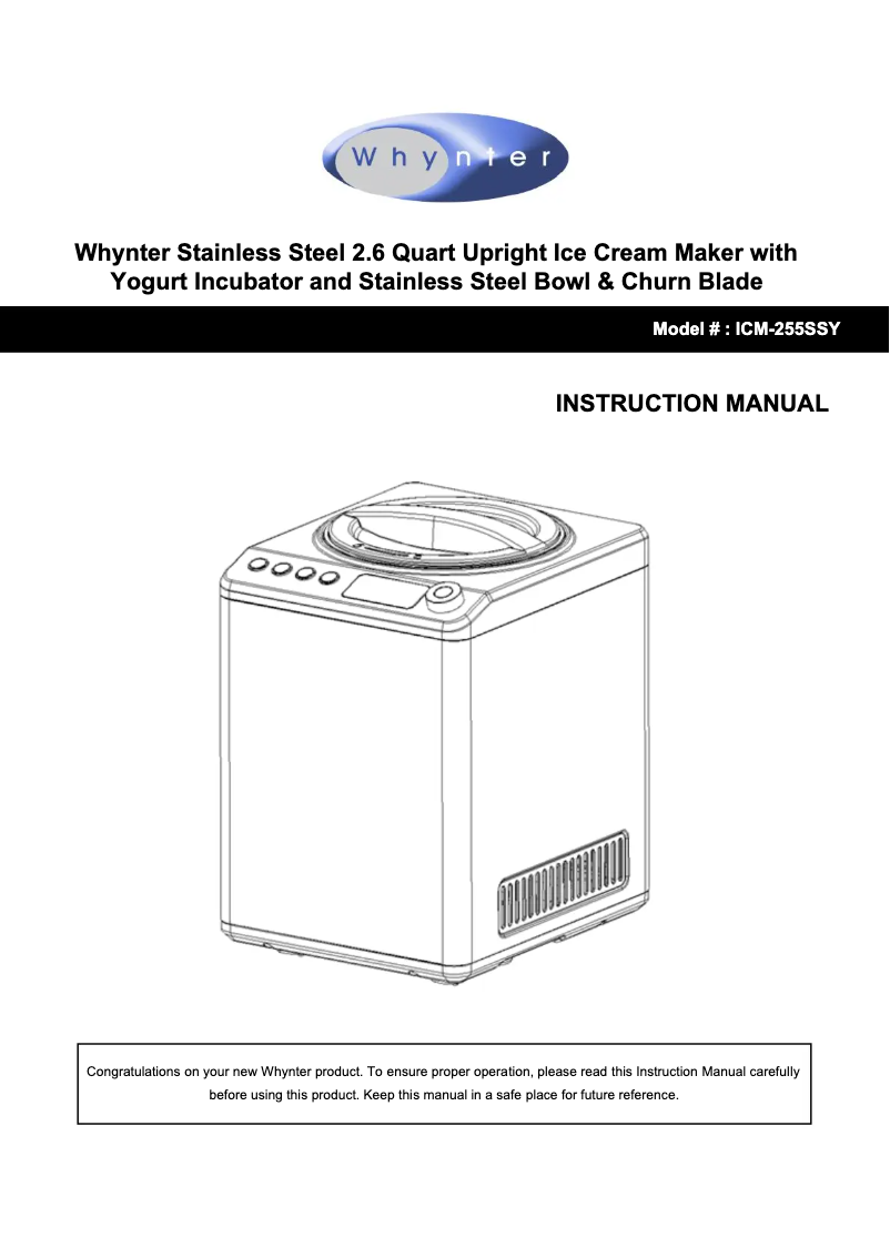 Page n°1 - Manuel utilisateur Whynter ICM-255SSY