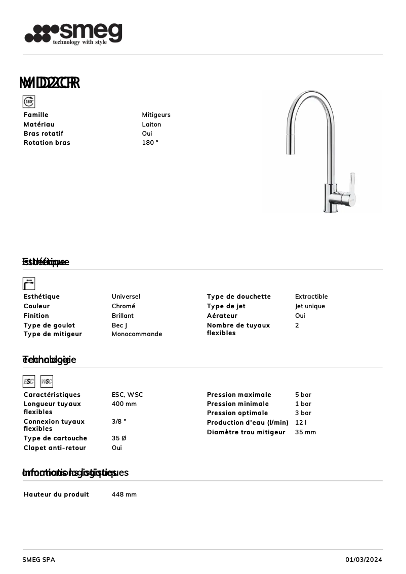 Page 1 de la notice Fiche technique Smeg MID2CR