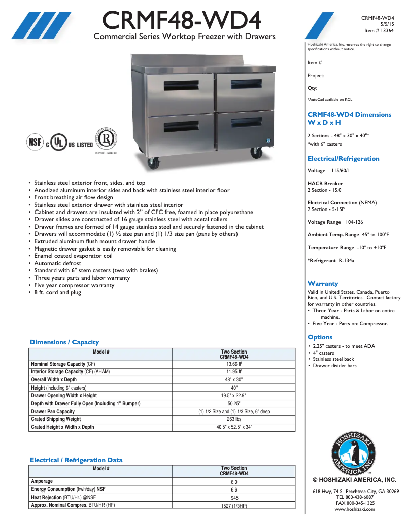 Page 1 de la notice Fiche technique Hoshizaki CRMF48-WD4